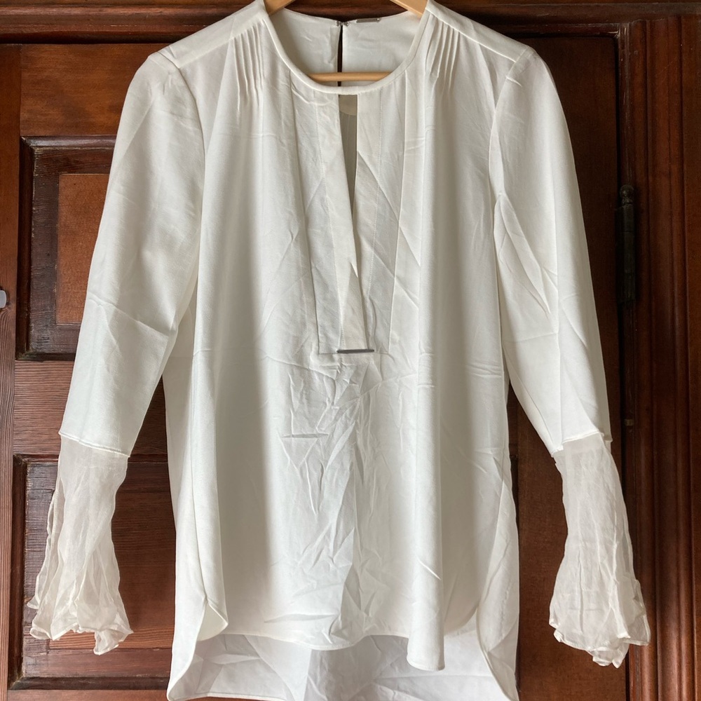 Elie Tahari Cream Pleated Front Blouse with Sheer Ruffle Cuffs
